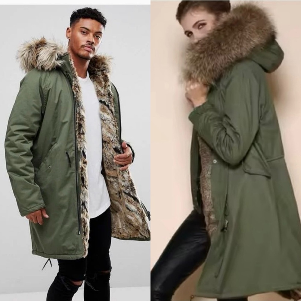 Unisex River Island Olive Green Parka with Faux Fur Trim euc